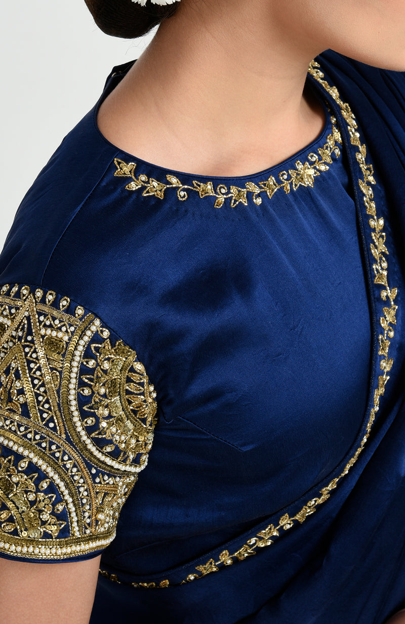 Sapphire Blue Zardozi and Pearl Beads Hand Embroidered Saree