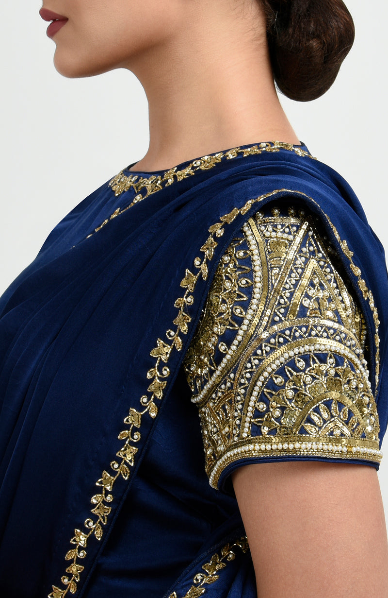 Sapphire Blue Zardozi and Pearl Beads Hand Embroidered Saree