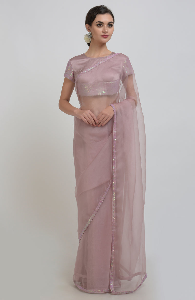Dusty Rose Sequin Hand Embroidered Saree & Blouse