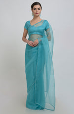 Turquoise Swarovski Crystal Hand Embroidered Saree and Blouse