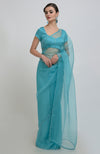 Turquoise Swarovski Crystal Hand Embroidered Saree and Blouse