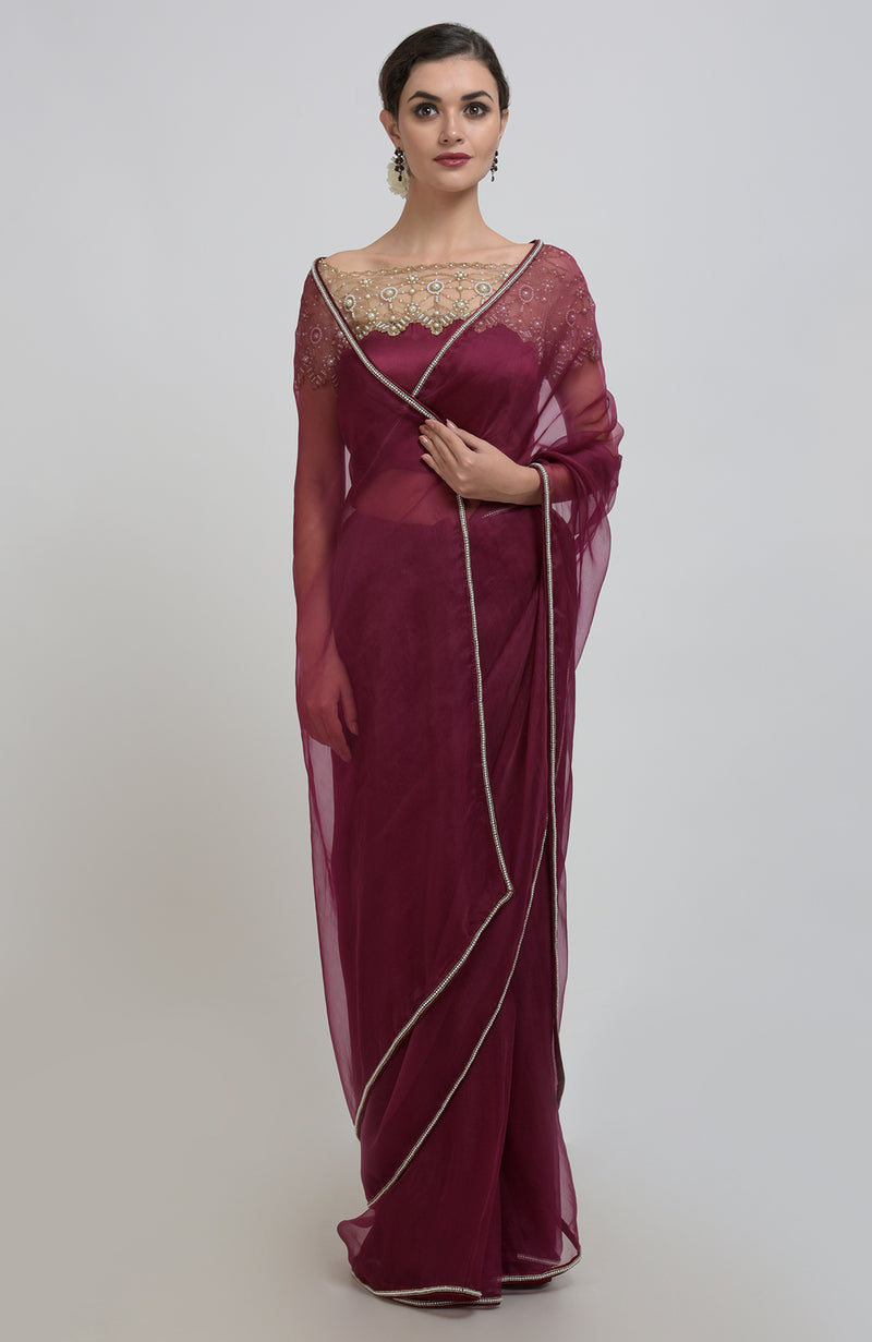 Burgundy Pearl Beads Hand Embroidered Saree & Blouse