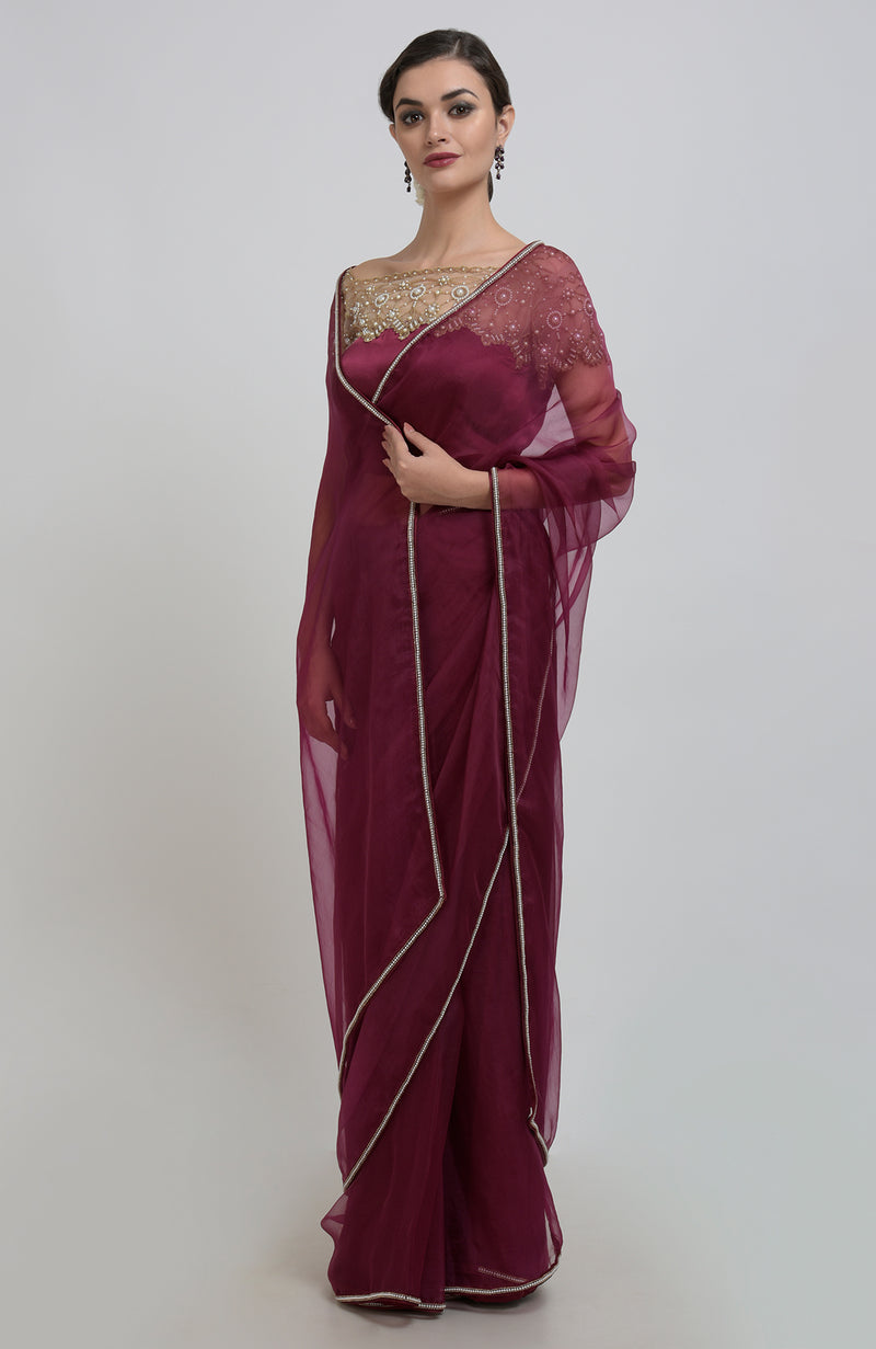 Burgundy Pearl Beads Hand Embroidered Saree & Blouse