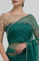 Emerald Green Pearl Beads Hand Embroidered Saree & Blouse