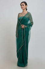 Emerald Green Pearl Beads Hand Embroidered Saree & Blouse