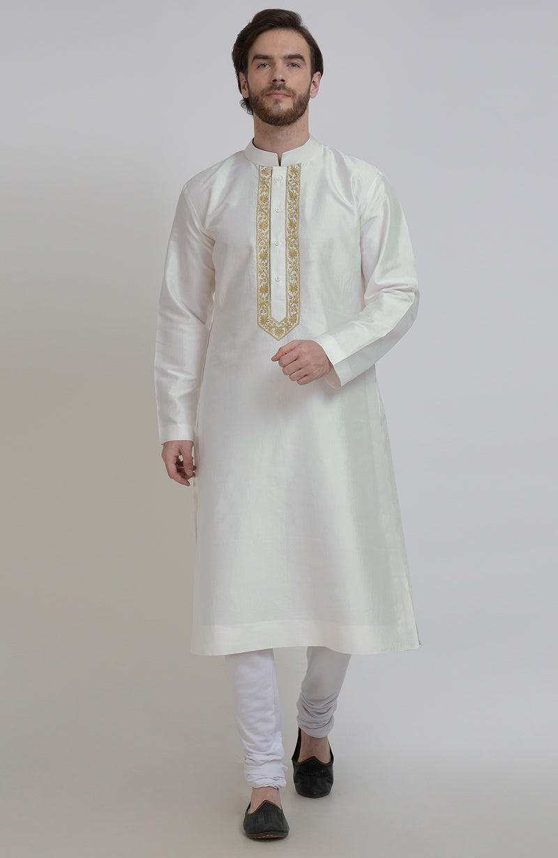 Ivory Silk Kurta With Gold Tilla Embroidered Placket Detail