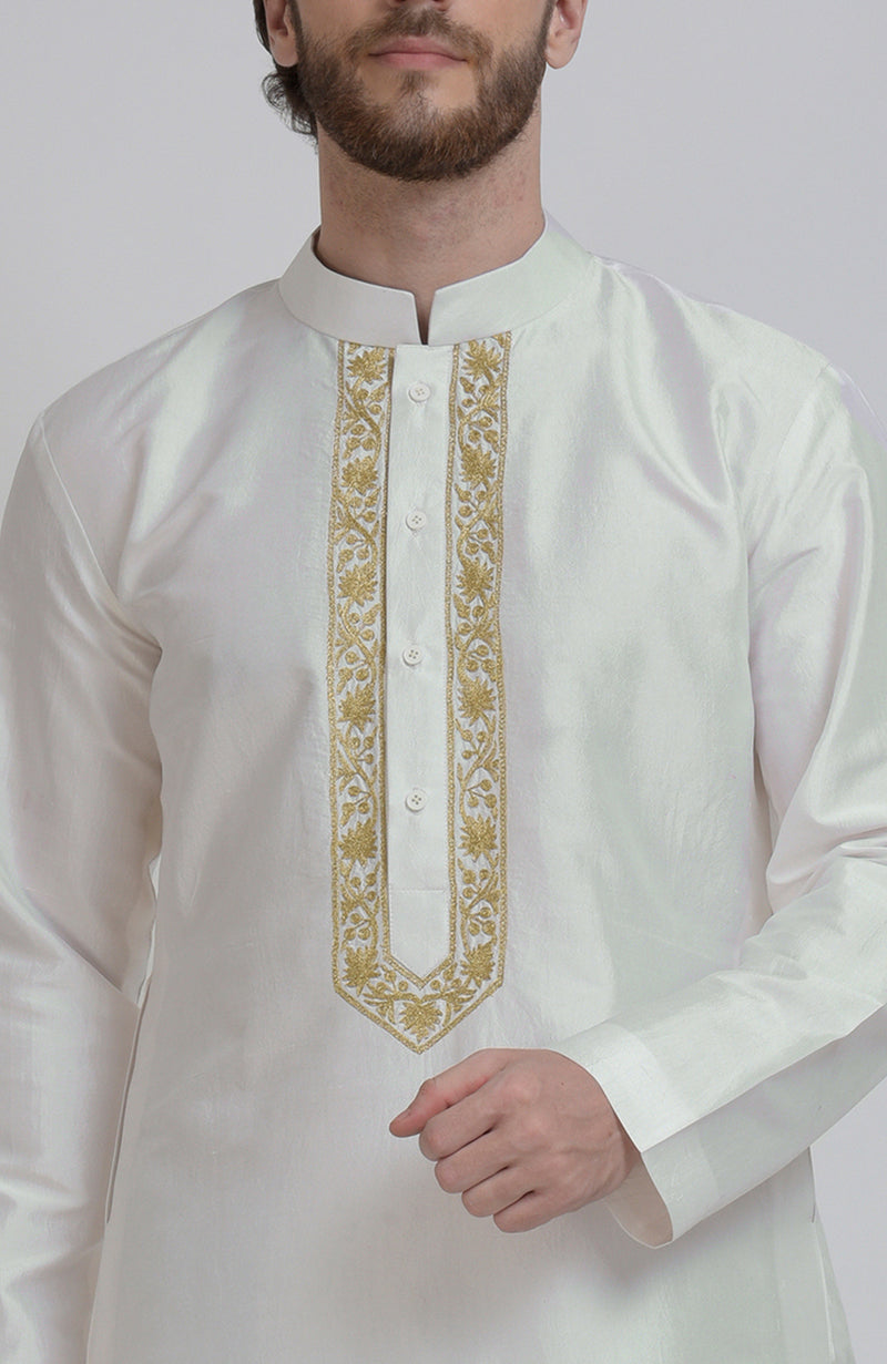 Ivory Silk Kurta With Gold Tilla Embroidered Placket Detail