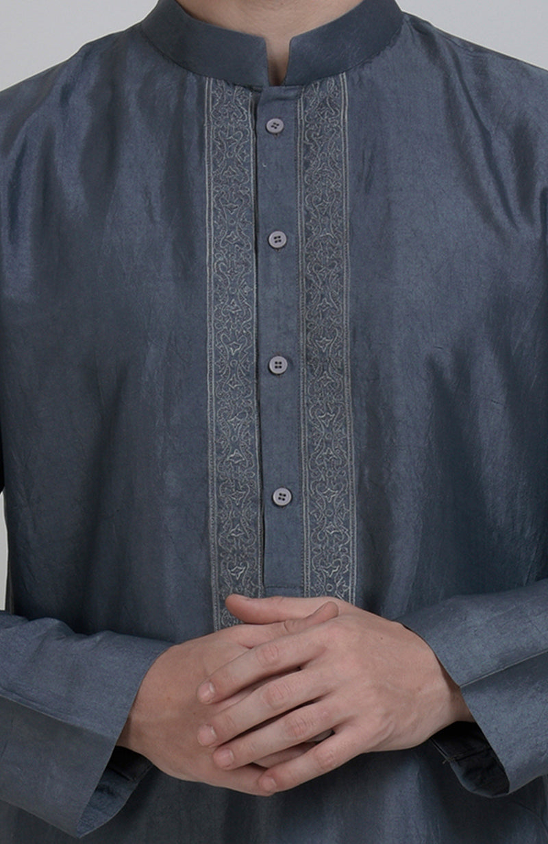 Grey Silk Kurta With Embroidered Placket Detail