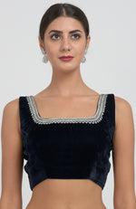 Midnight Blue Kashmiri Silver Tilla Aari Embroidered Velvet Saree