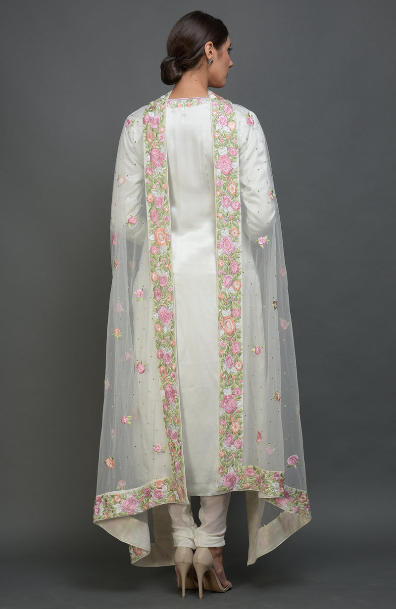Pearl White Floral Resham and Sequin Embroidered Kurta