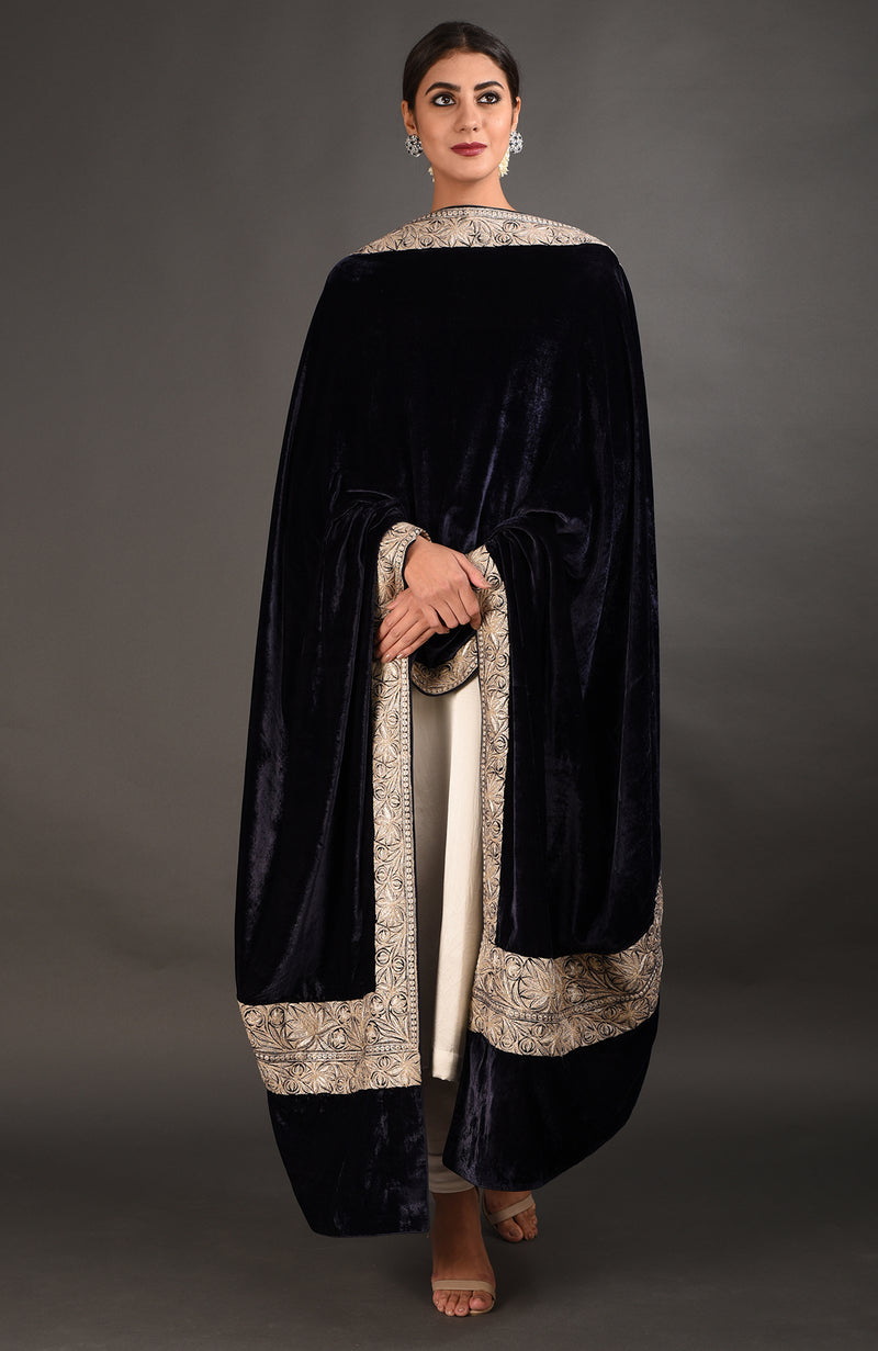 Midnight Blue Silk-Velvet Kashmiri Tilla Embroidered Suit