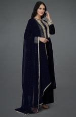 Midnight Blue Silk-Velvet Kashmiri Tilla Embroidered Suit