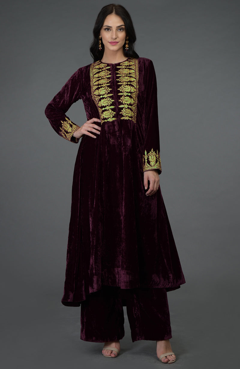 Burgundy Silk-Velvet Kashmiri Tilla Embroidered Kurta Set