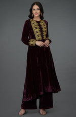 Burgundy Silk-Velvet Kashmiri Tilla Embroidered Kurta Set
