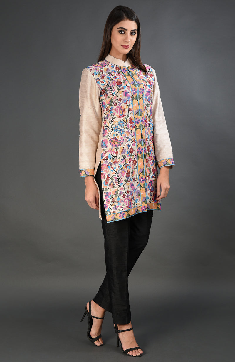 Creamy Beige Kashmir Kani Art Embroidered Jacket Set