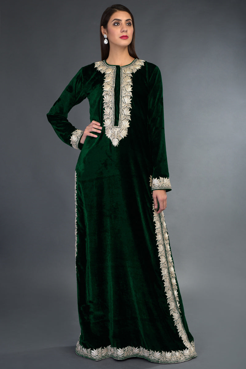 Kashmir Inspired Silver Tilla Embroidered Emerald Green Kurta