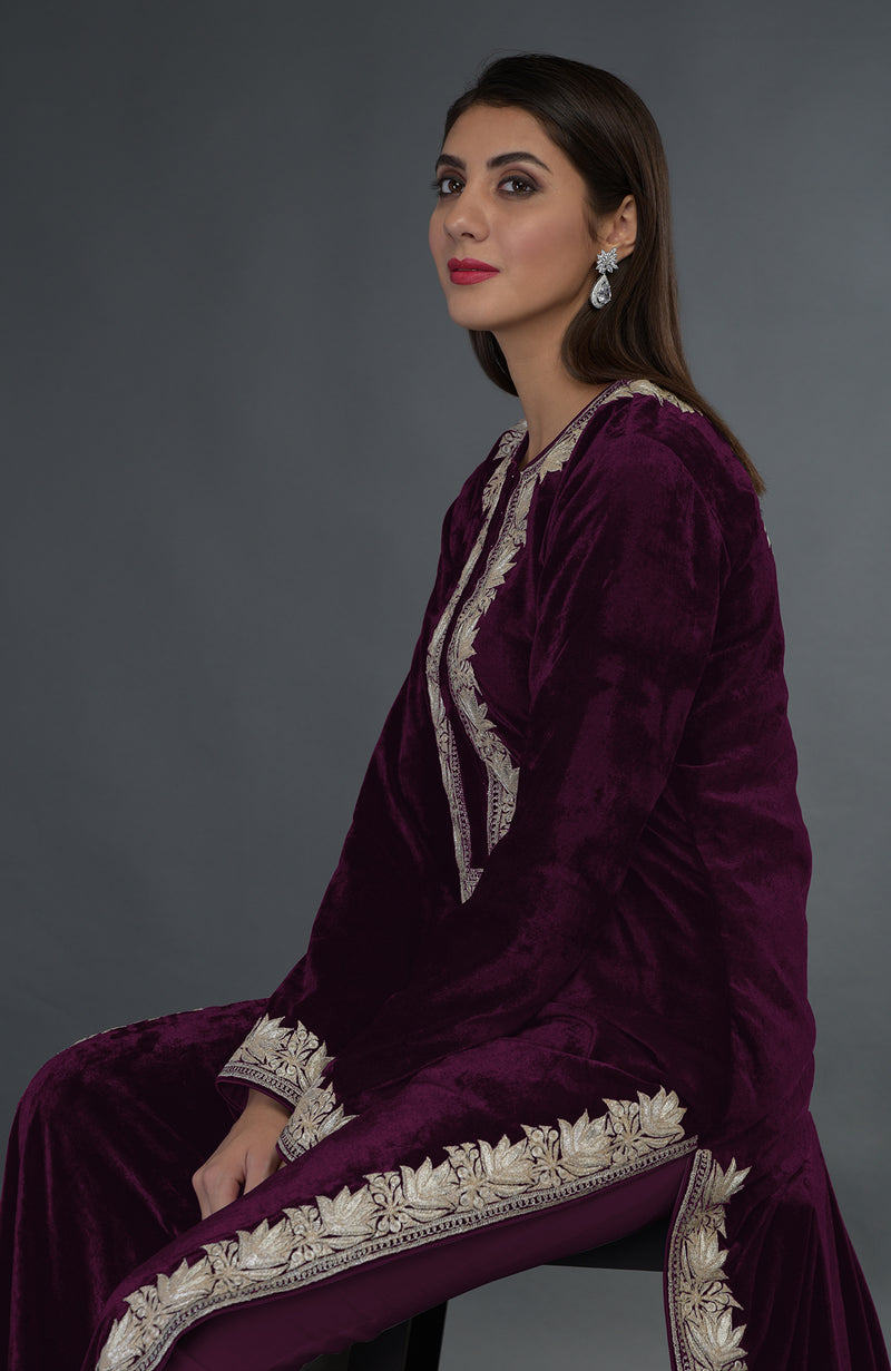 Kashmir Inspired Silver Tilla Embroidered Plum Suit