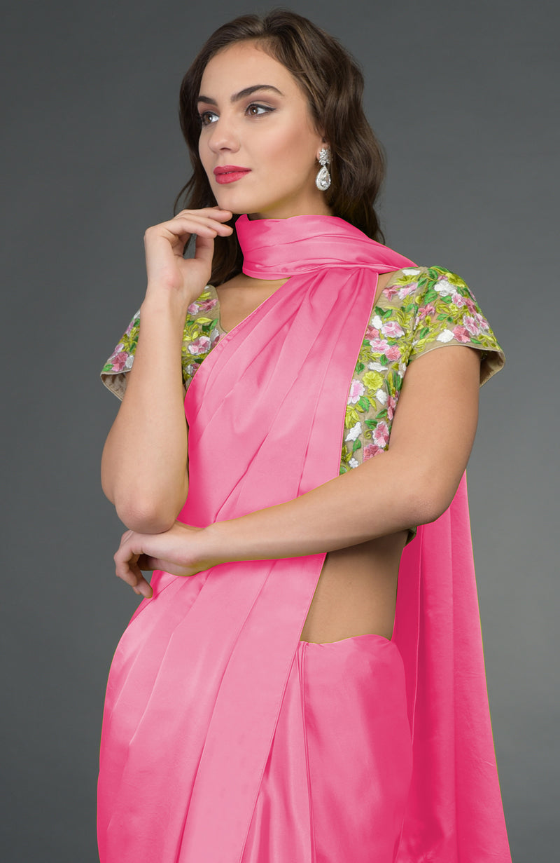 In Full Bloom Bright Pink Saree with Floral Embroidered Blouse