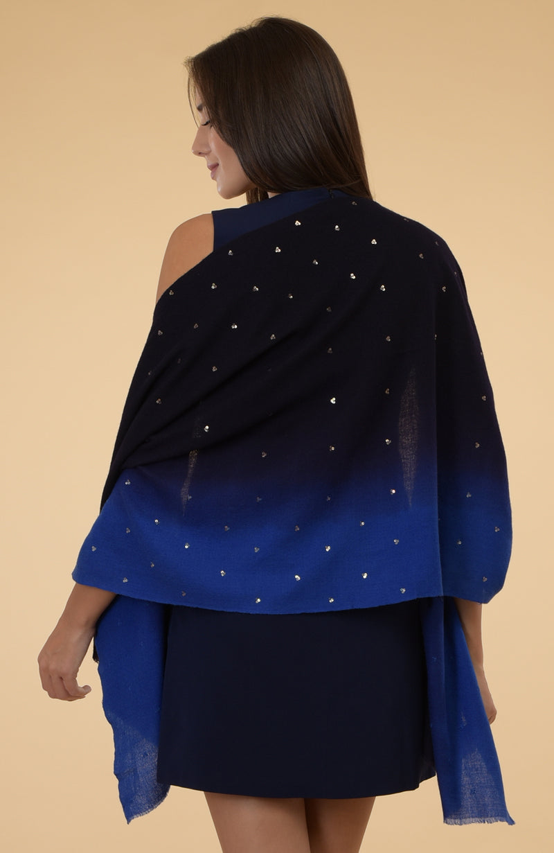 Blue Ombre Pure Cashmere Sequin Hand Embroidered Stole
