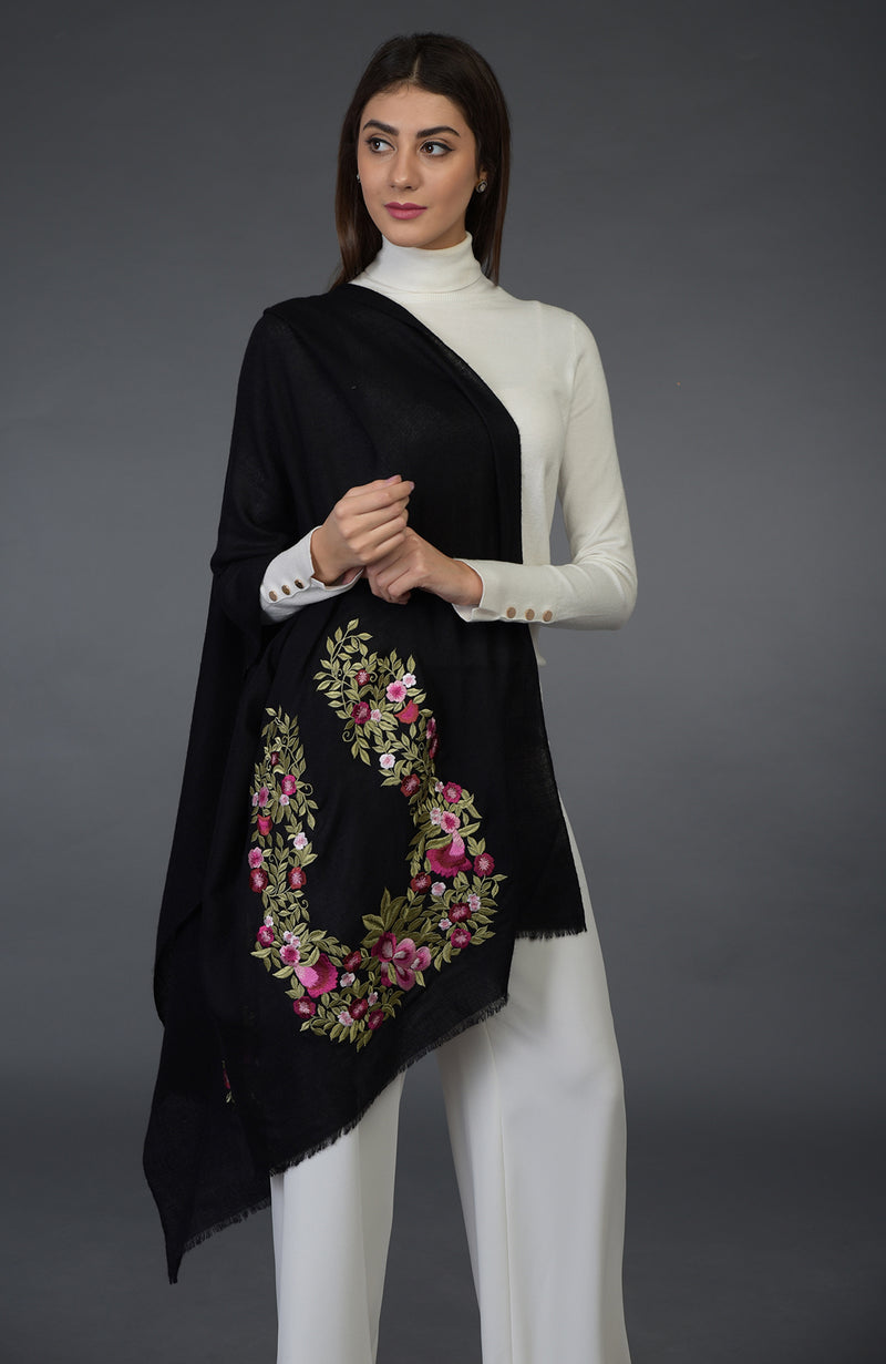 In Full Bloom Embroidered Black Pure Pashmina Stole