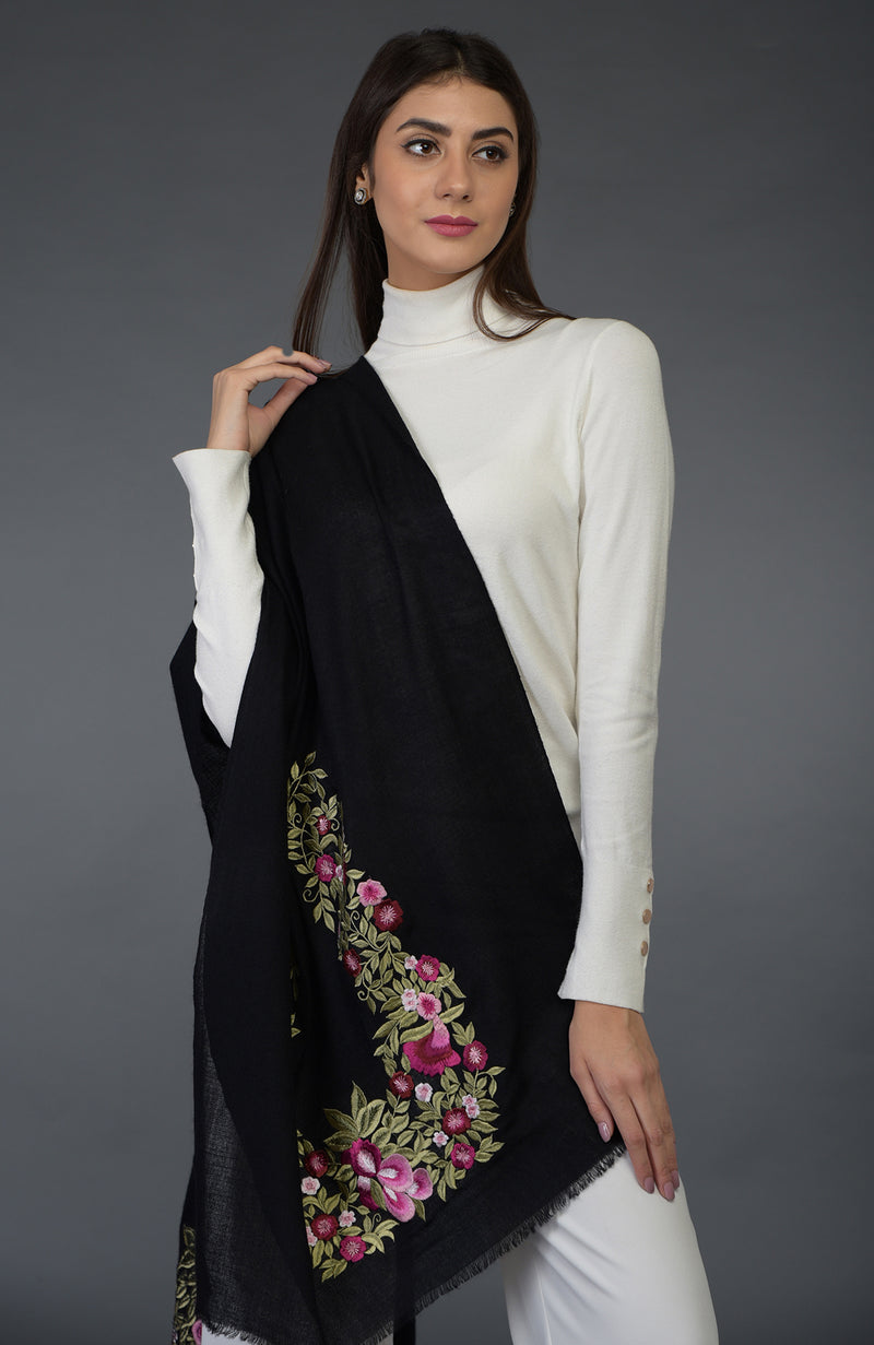 In Full Bloom Embroidered Black Pure Pashmina Stole