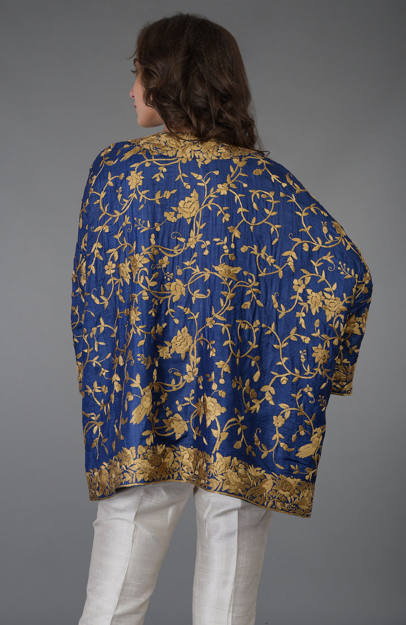 Navy Blue Parsi Gara Embroidered Kimono Jacket