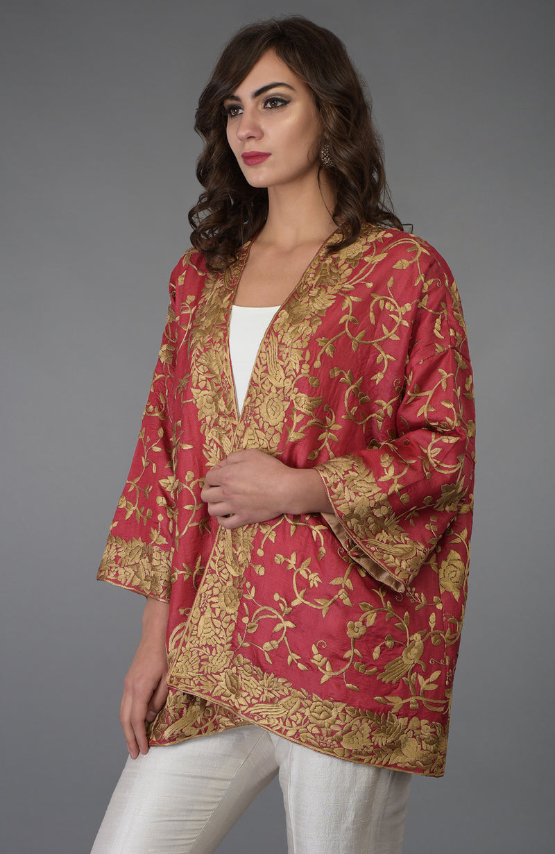 Maroon Parsi Gara Embroidered Kimono Jacket