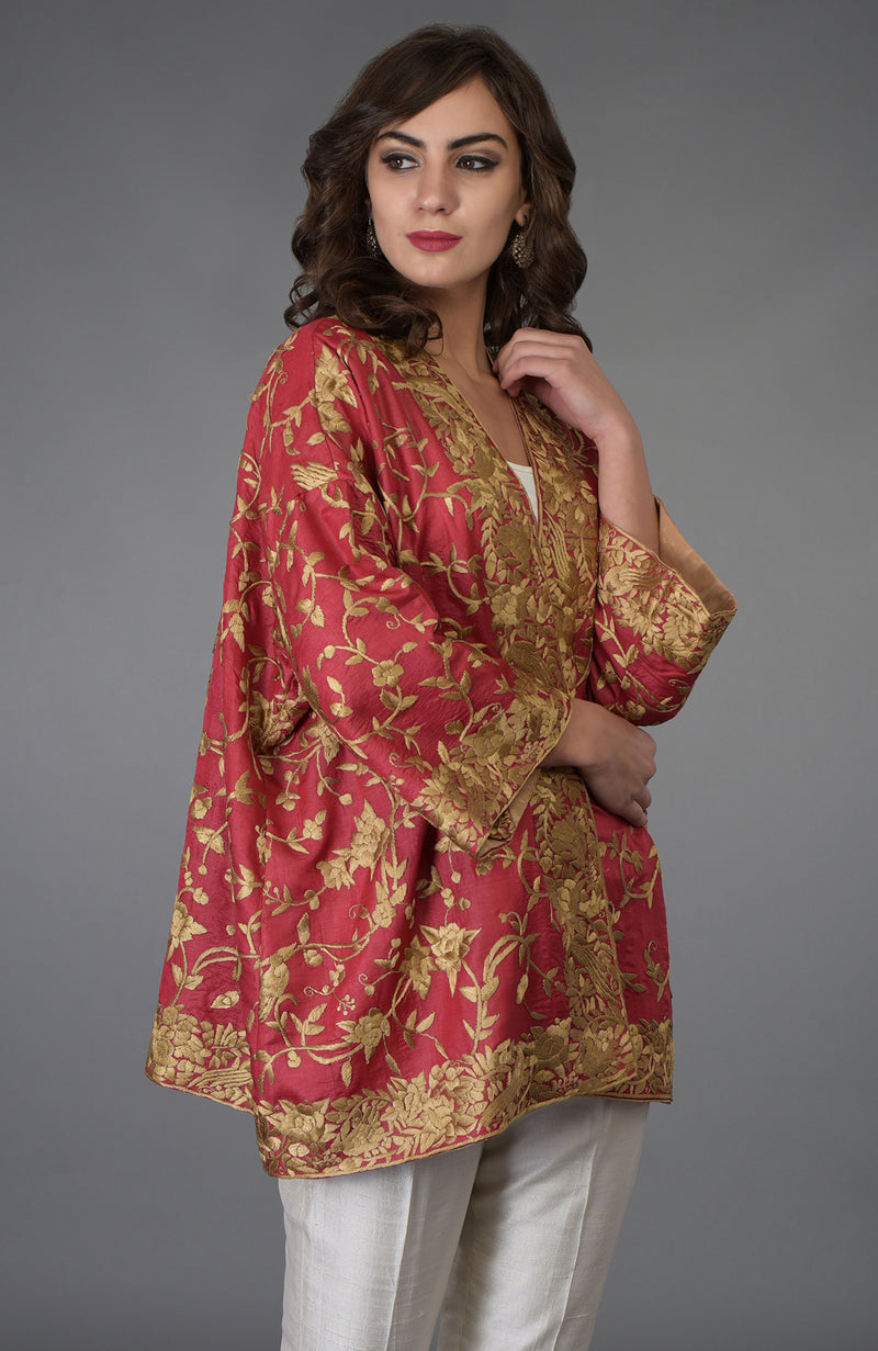 Maroon Parsi Gara Embroidered Kimono Jacket