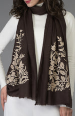 Brown Floral Embroidered Pure Pashmina Stole