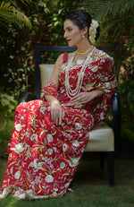 Pre-Order Masterpiece Red Parsi Gara Hand Embroidered Saree