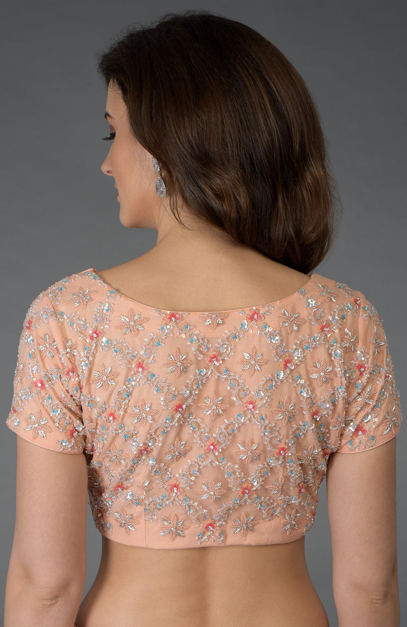 Peach Sequin Beads Zardozi Hand Embroidered Blouse