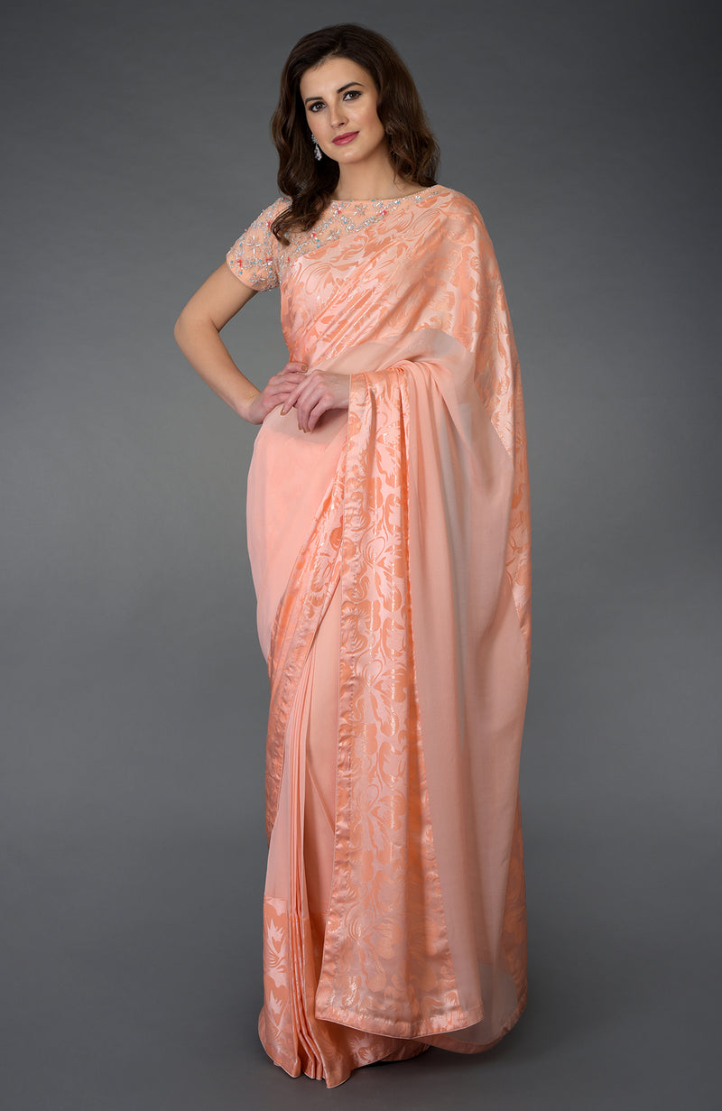 Peach French Chiffon Saree & Sequin Beads Hand Embroidered Blouse