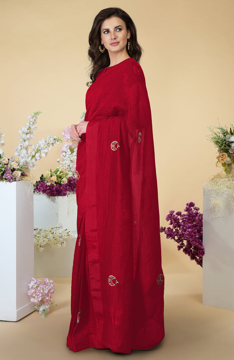 Scarlet Zardozi Hand Embroidered Linen Saree