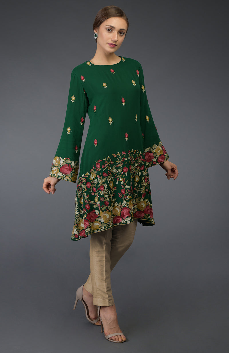 Bottle Green Parsi Embroidered Tunic Suit