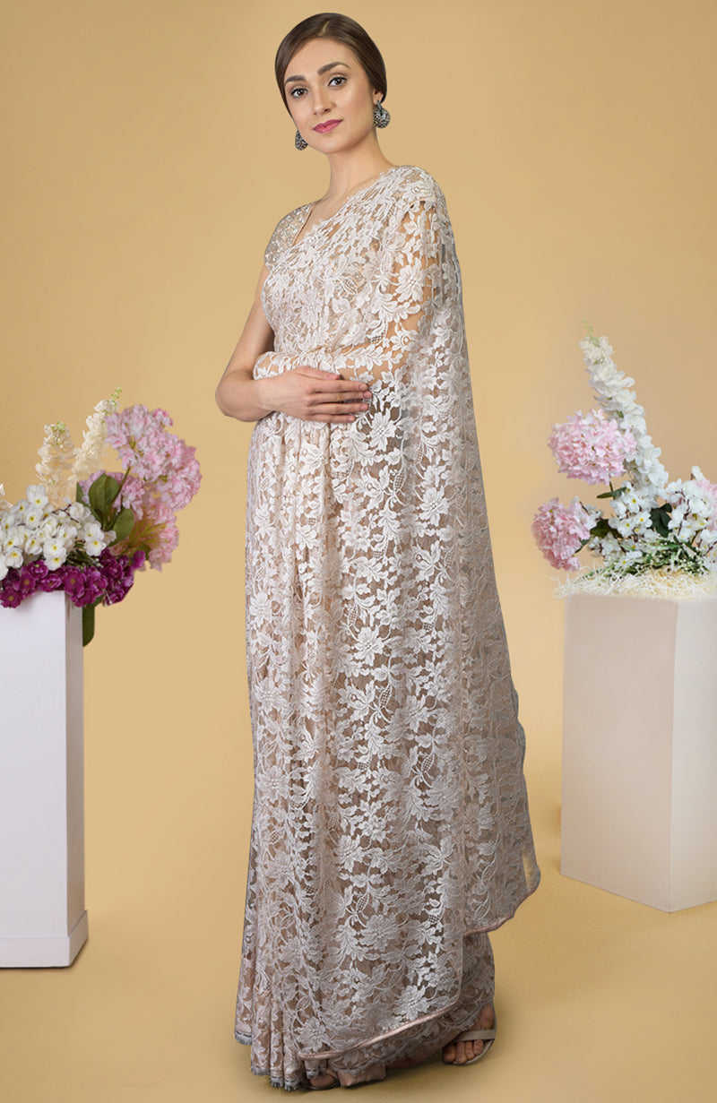 Nude Peach French Chantilly Lace Saree With Hand Embroidered Blouse