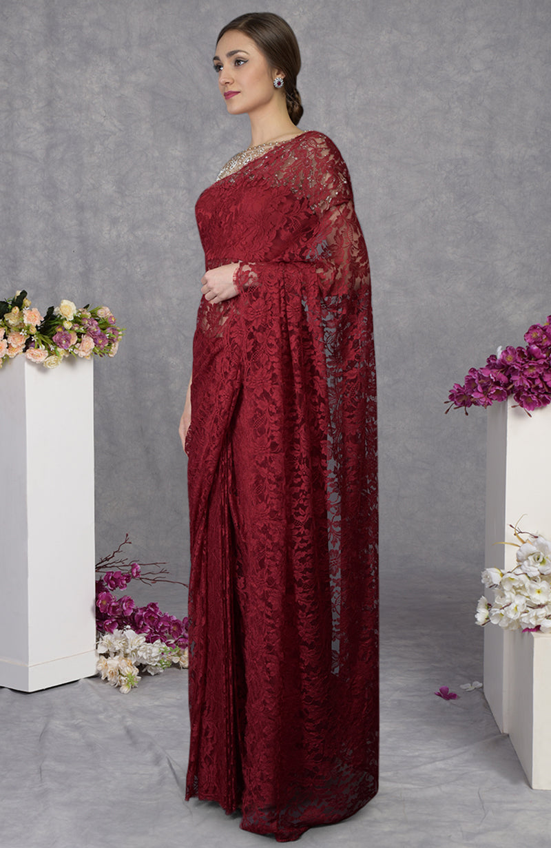 Maroon French Chantilly Lace Saree With Hand Embroidered Blouse
