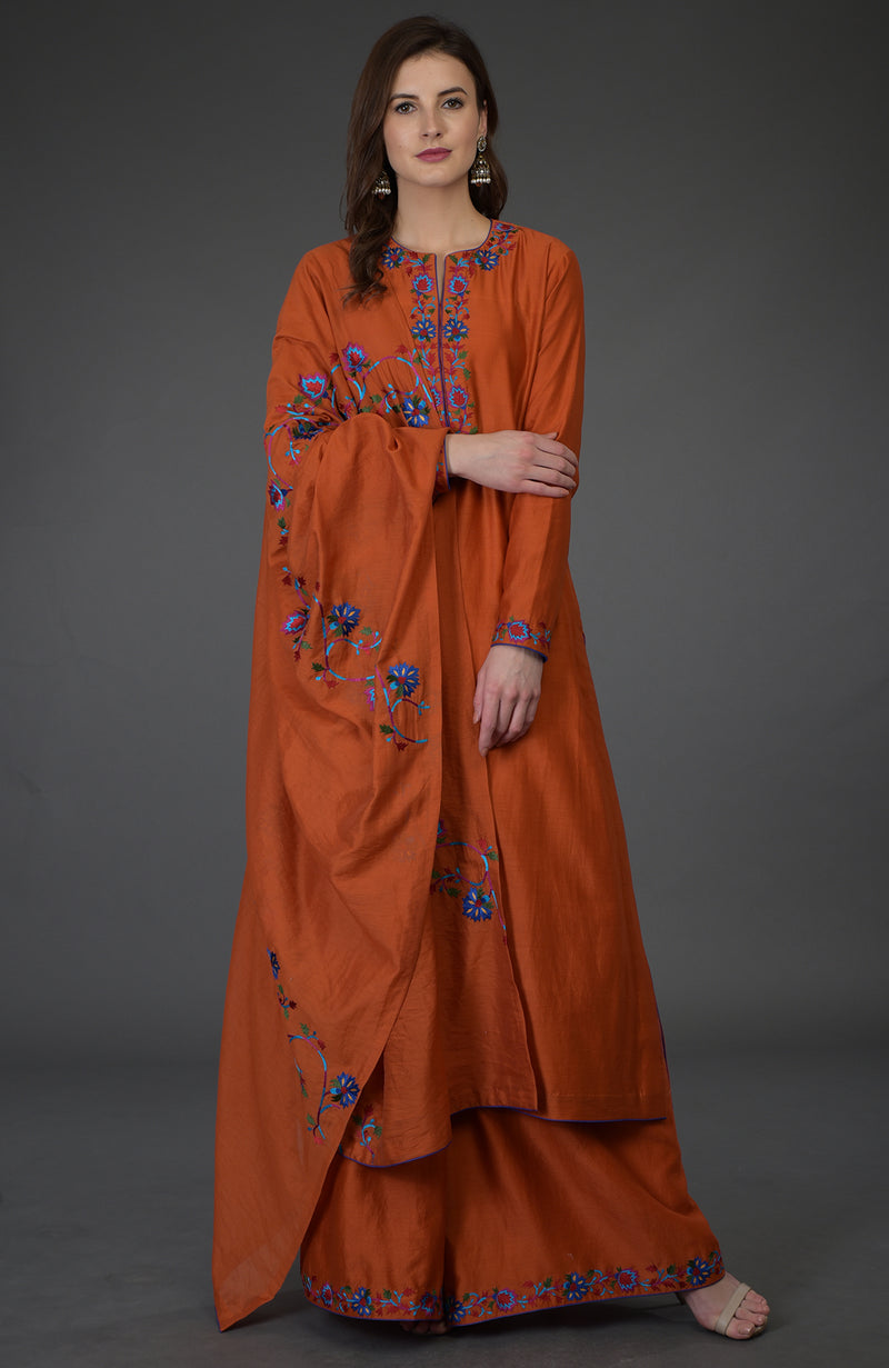 Burnt Orange Kashmir Bagh Inspired Farshi Palazzo Suit