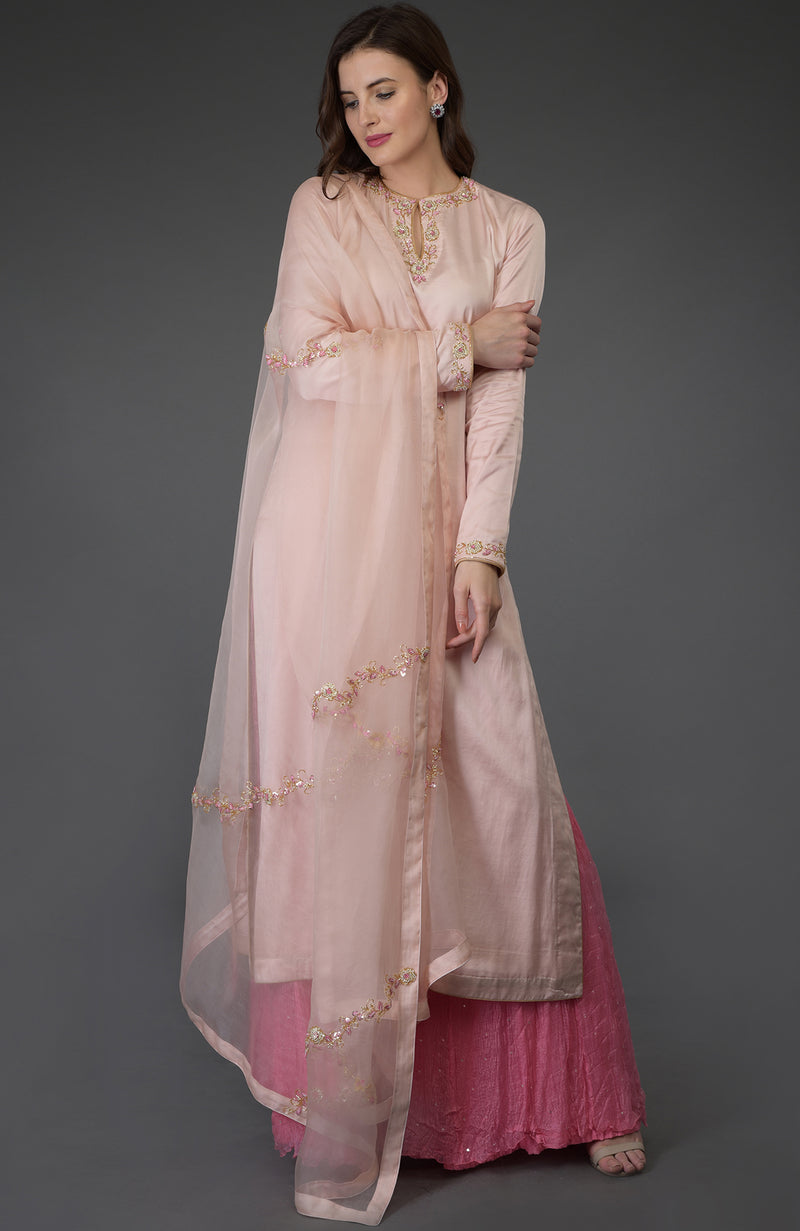 Nude Pink Pearl Beads & Zardozi Work Sharara Suit