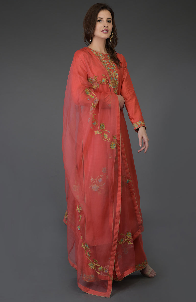 Living Coral Resham-Tilla Embroidered Farshi Palazzo Suit