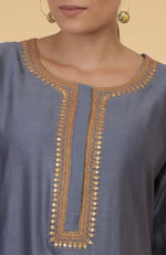Grey- Gold Thread and Sequin Embroidered Kaftan