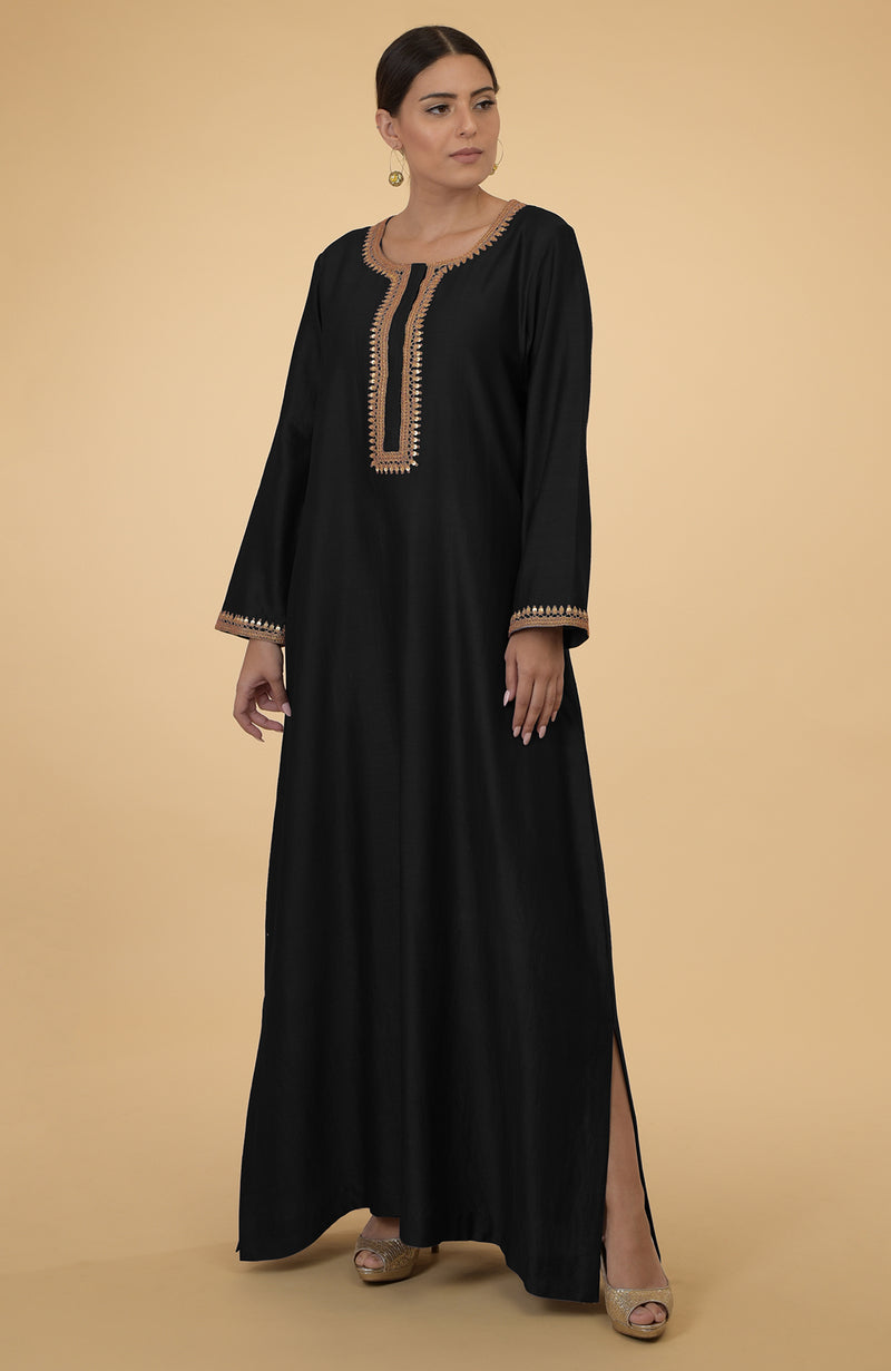 Black- Gold Thread and Sequin Embroidered Kaftan