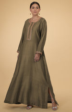 Olive- Gold Thread and Sequin Embroidered Kaftan
