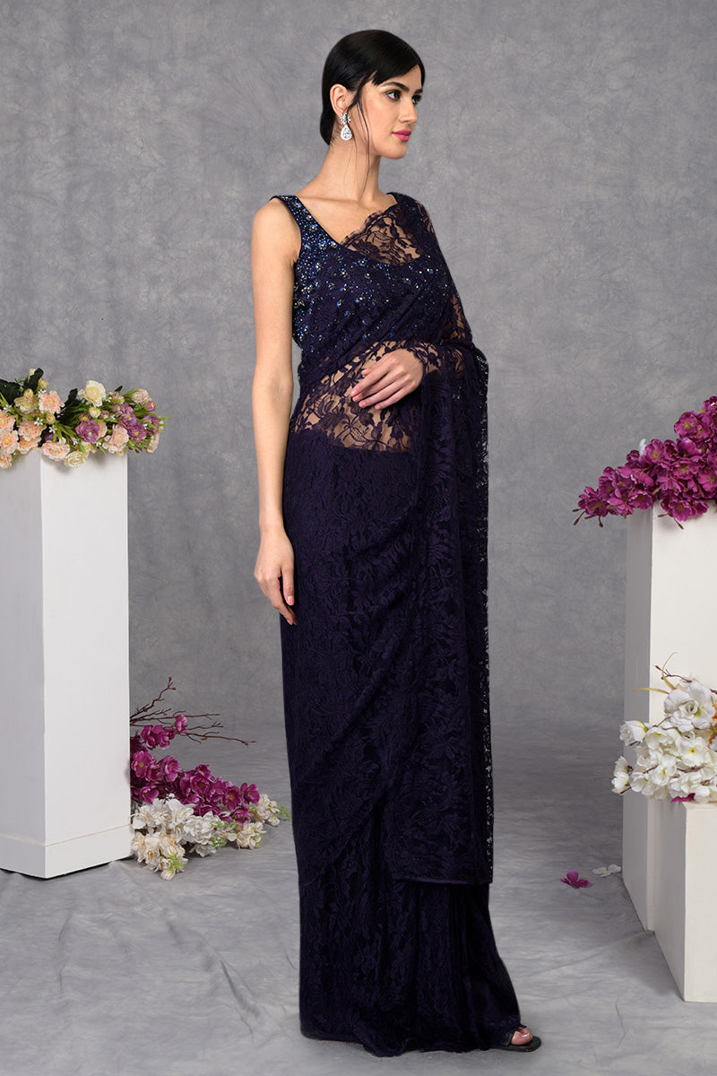 Eclipse Blue French Chantilly Lace Saree With Hand Embroidered Blouse