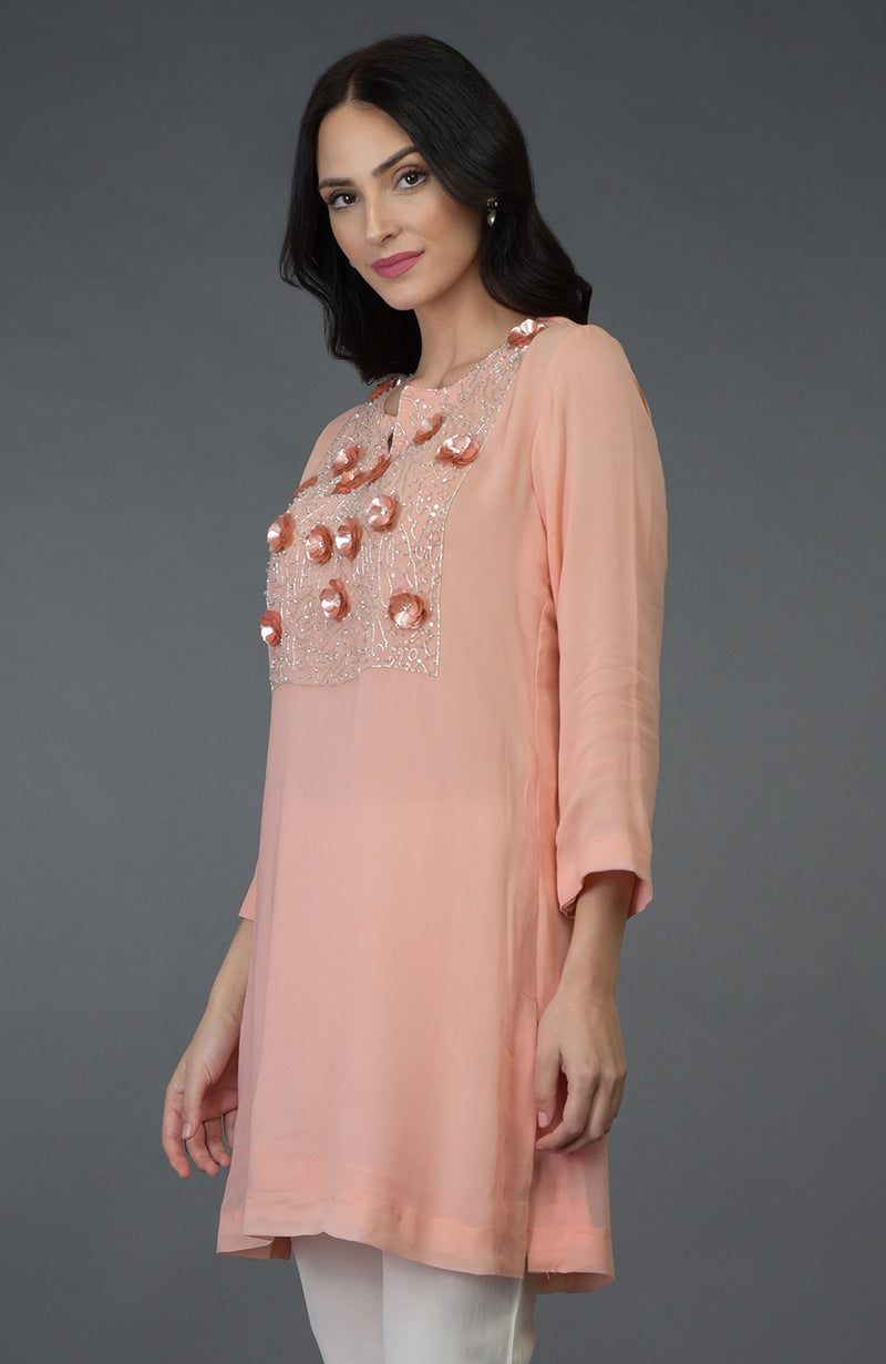 Peach Floral Embroidered Tunic Top