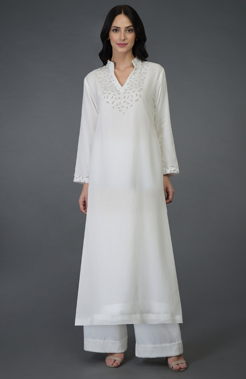 Off White Crystal & Pearl Beads Embroidered Long Tunic Kurta