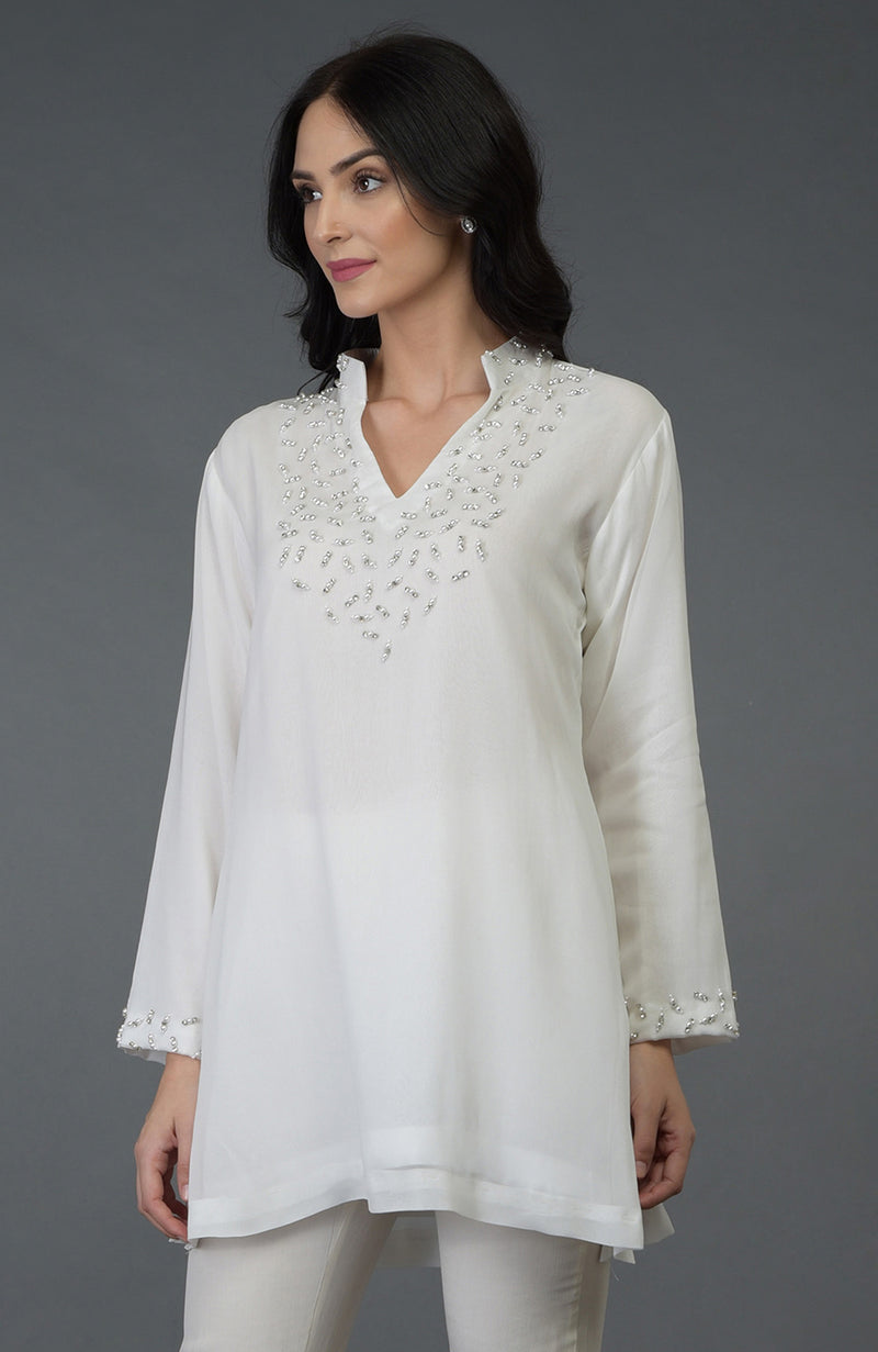 Off White Crystal and Pearl Beads Embroidered Tunic Top
