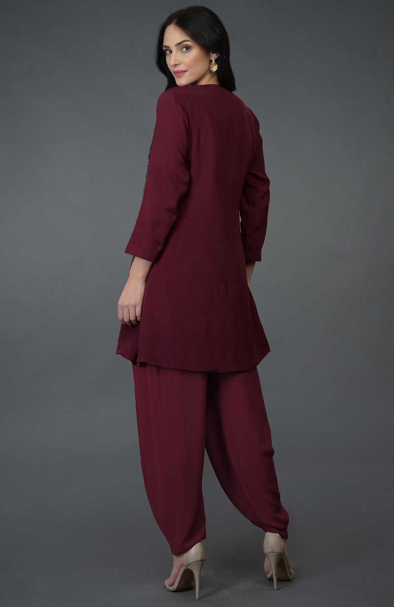 Burgundy Resham Sequin & Beads Embroidered Dhoti Pants Suit