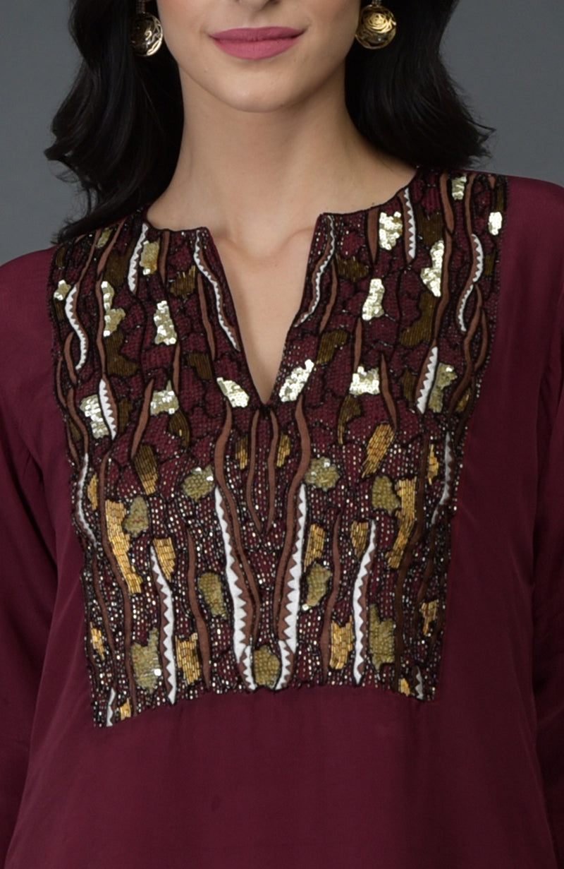 Burgundy Resham Sequin & Beads Embroidered Kurta Set