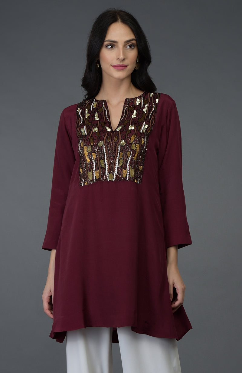 Burgundy Resham Sequin and Beads Embroidered Tunic Top