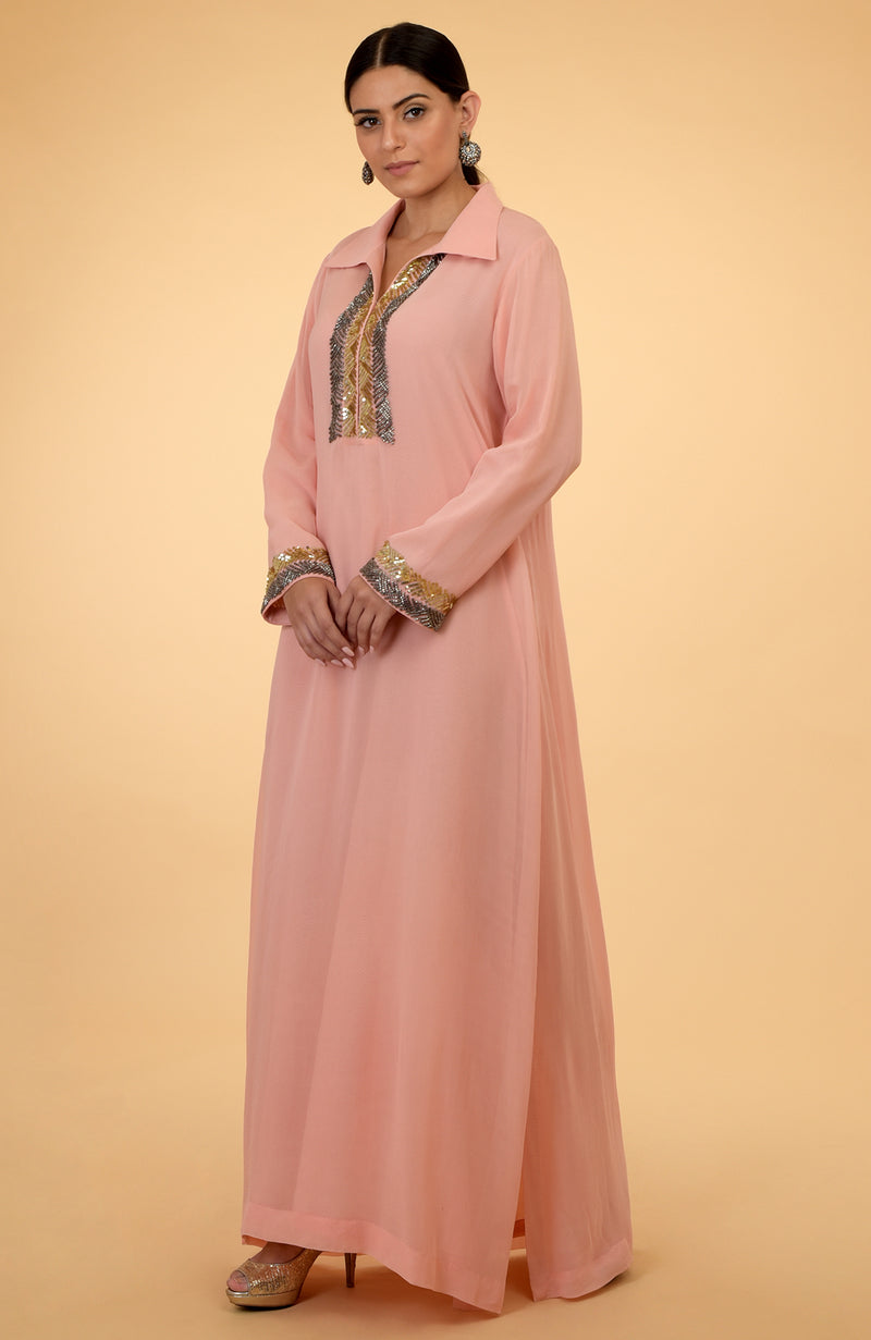 Peach Sequin and Beads Hand Embroidered Kaftan